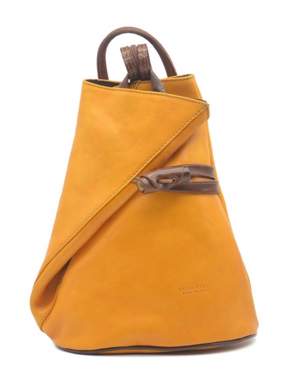 Vera Pelle Yellow Leather Wrap-Front Backpack with Brown Accents
